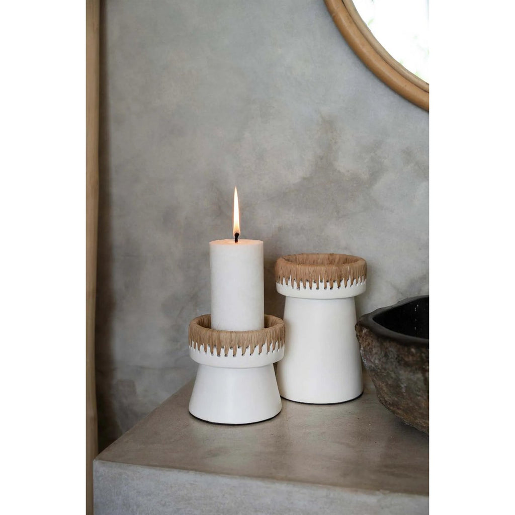 TERRAKOTTA KERZENHALTER MIT BAST (WEIß) - 20cm