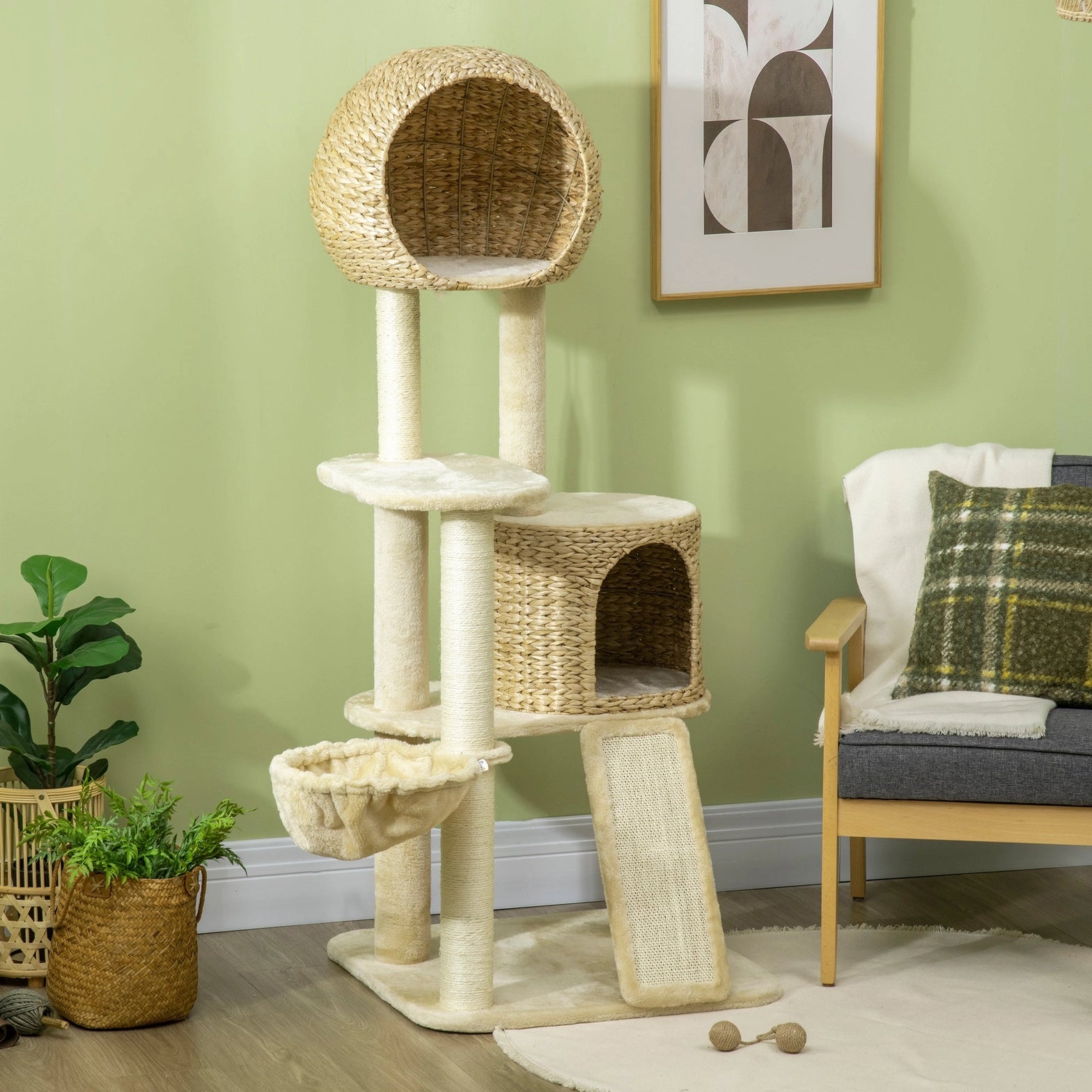 KATZEN KRATZBAUM MIT RATTAN-HÄUSCHEN