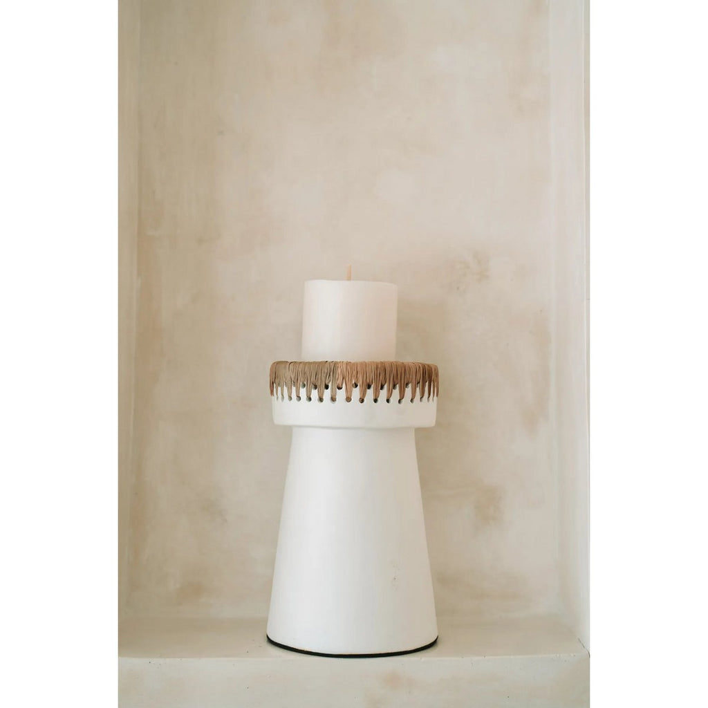 TERRAKOTTA KERZENHALTER MIT BAST (WEIß) - 20cm
