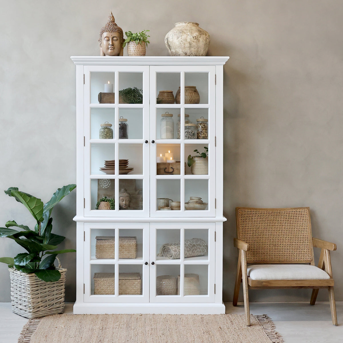 Marseille Vitrinenschrank mit 4 Türen und Ablagen, weiß
