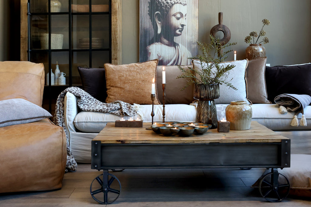 Sofatisch mit Schublade antique schwarz und natur - Detailansicht