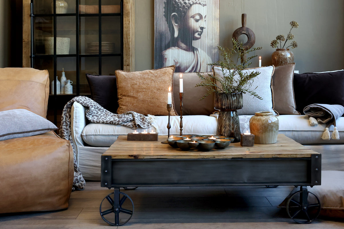 Sofatisch mit Schublade antique schwarz und natur - Detailansicht