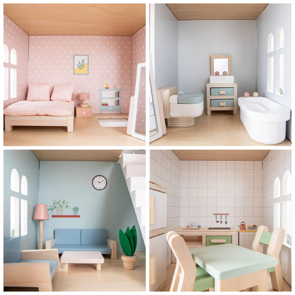 PUPPENHAUS AUS HOLZ - PASTELL MIT 20 MÖBELN