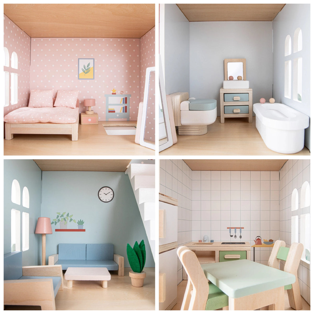 PUPPENHAUS AUS HOLZ - PASTELL MIT 20 MÖBELN
