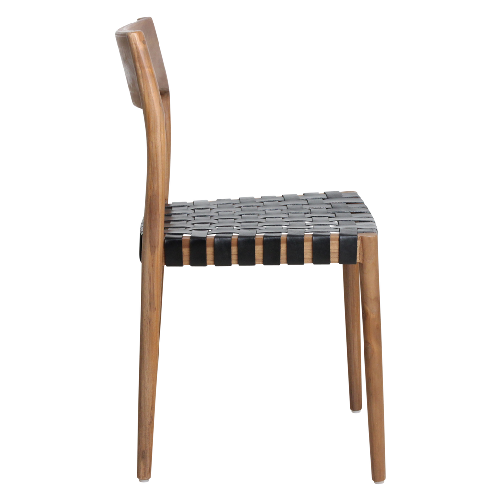 ESSZIMMERSTUHL AUS TEAKHOLZ MIT LEDERSITZFLÄCHE (SCHWARZ)