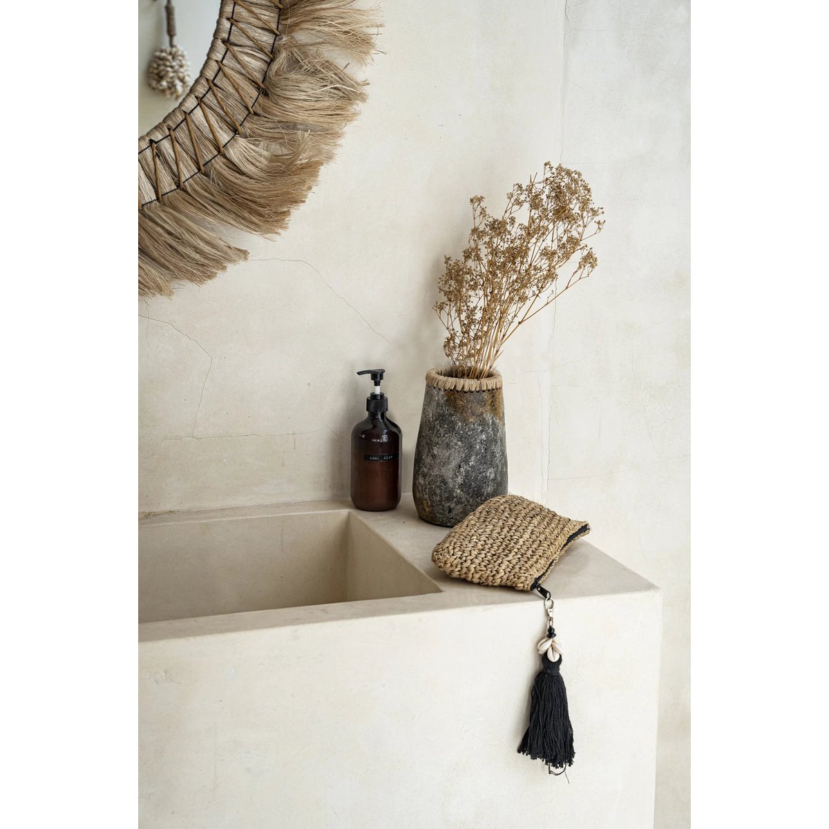 TERRAKOTTA VASE MIT BASTDETAIL (ANTIKGRAU) - 22cm