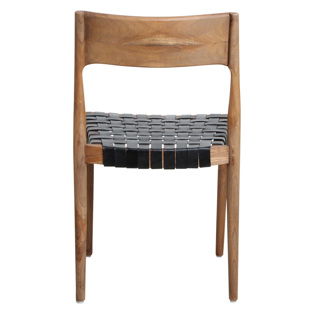 ESSZIMMERSTUHL AUS TEAKHOLZ MIT LEDERSITZFLÄCHE (SCHWARZ)