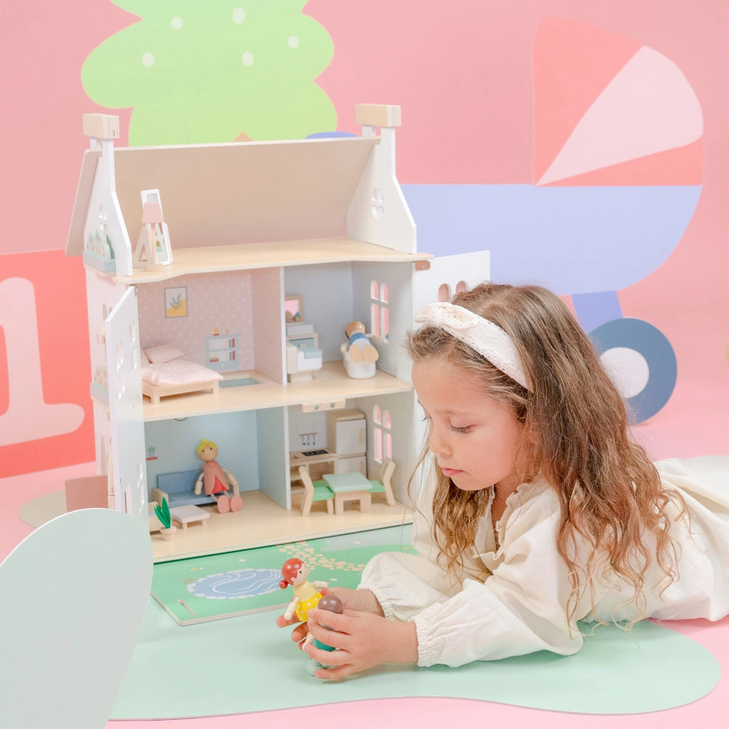 PUPPENHAUS AUS HOLZ - PASTELL MIT 20 MÖBELN