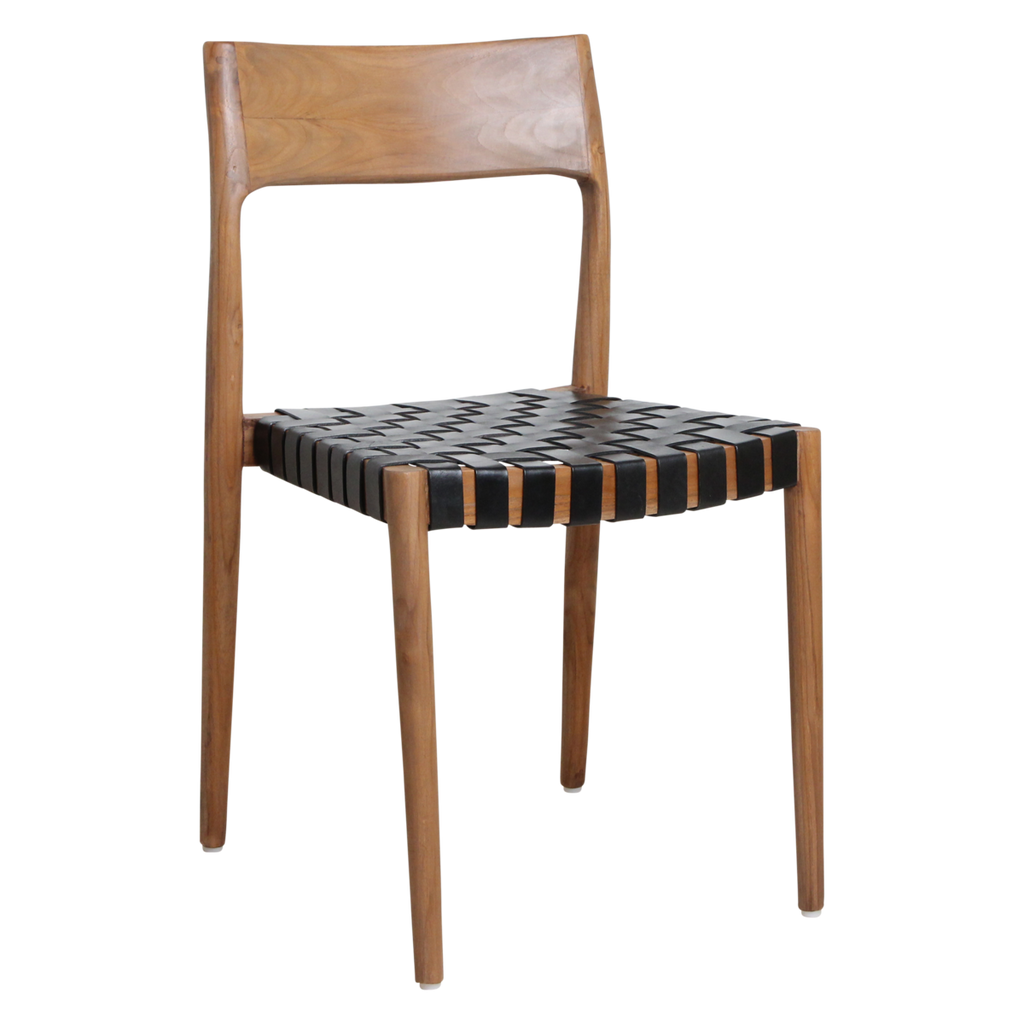 ESSZIMMERSTUHL AUS TEAKHOLZ MIT LEDERSITZFLÄCHE (SCHWARZ)