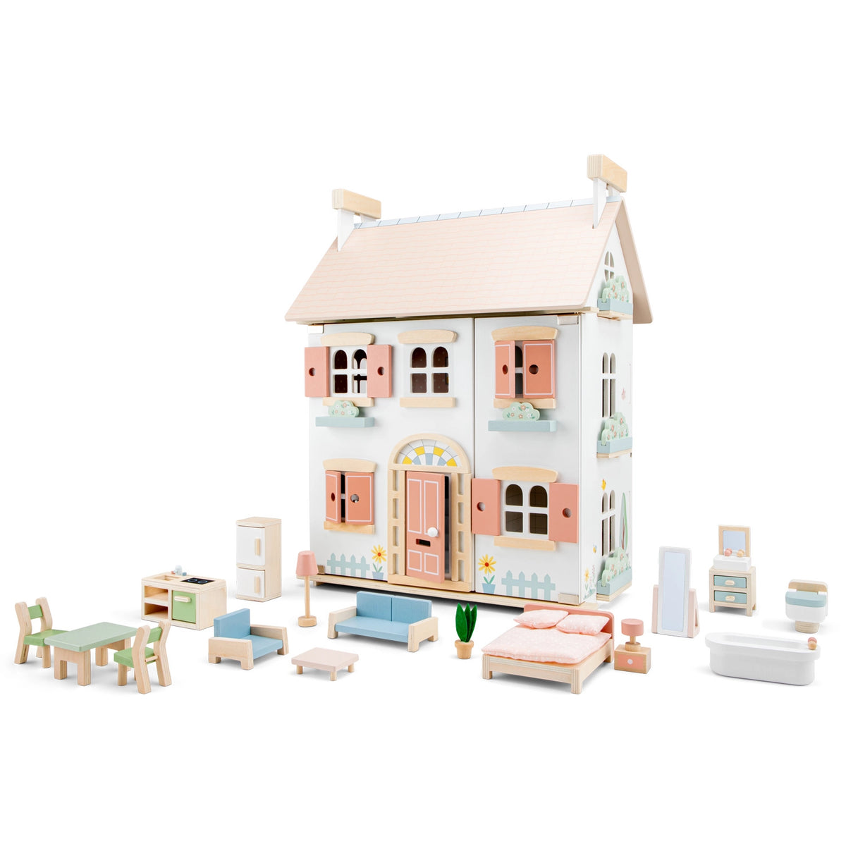 PUPPENHAUS AUS HOLZ - PASTELL MIT 20 MÖBELN