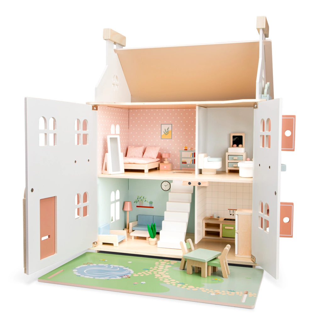 PUPPENHAUS AUS HOLZ - PASTELL MIT 20 MÖBELN